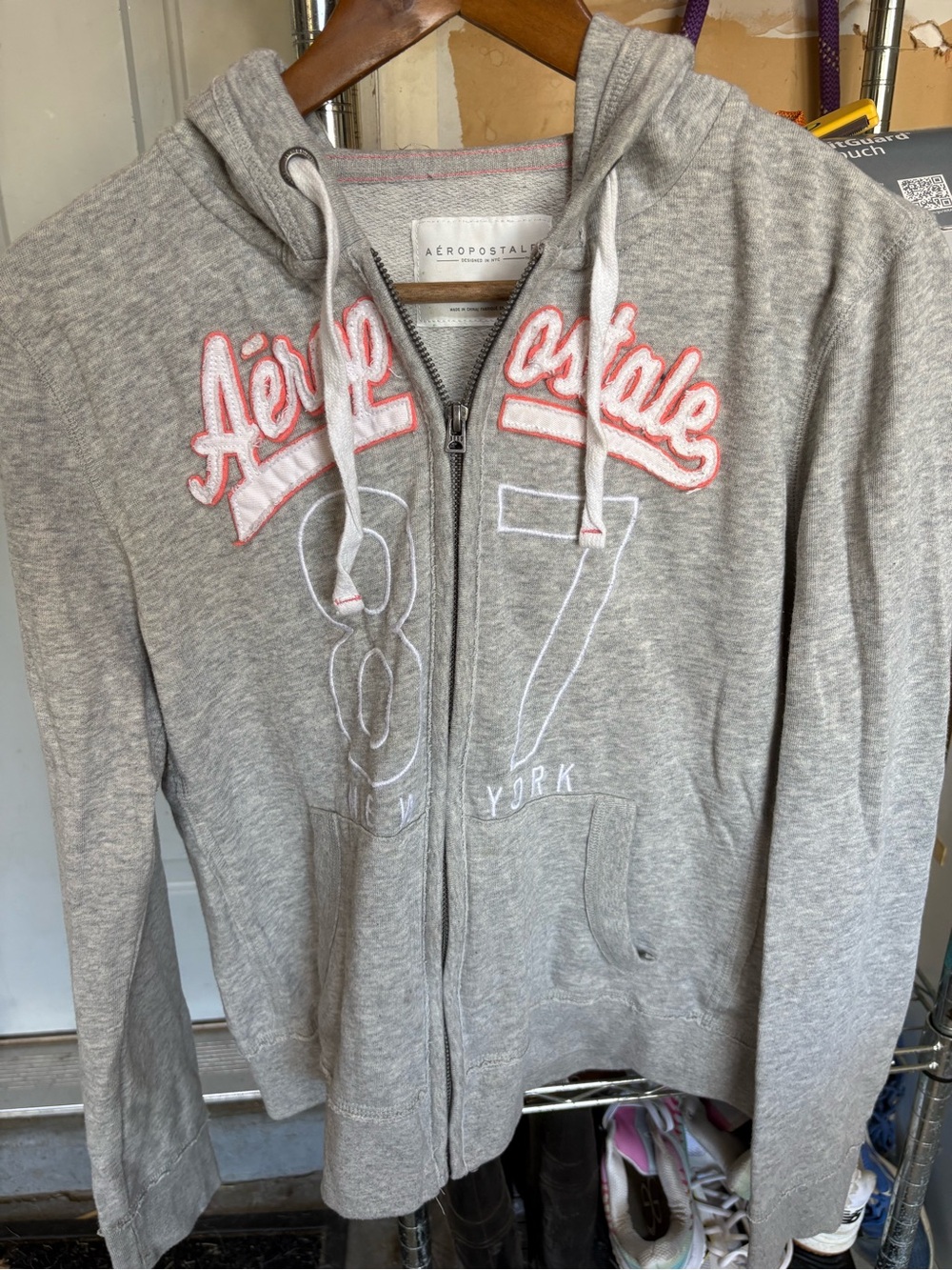 Aeropostale Light Gray Zip-Up Hoodie with Pink Trim Logo